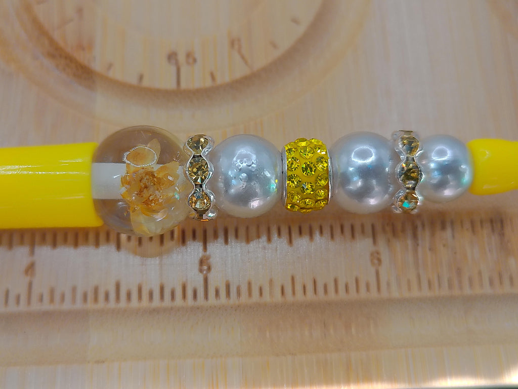 Pen, Yellow with Yellow Flowers and White Beads – product view 2 by LV Homemade