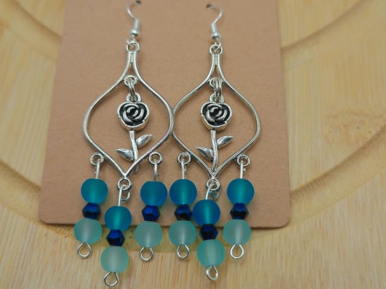 Frosted Sapphire Rose Chandelier Earrings