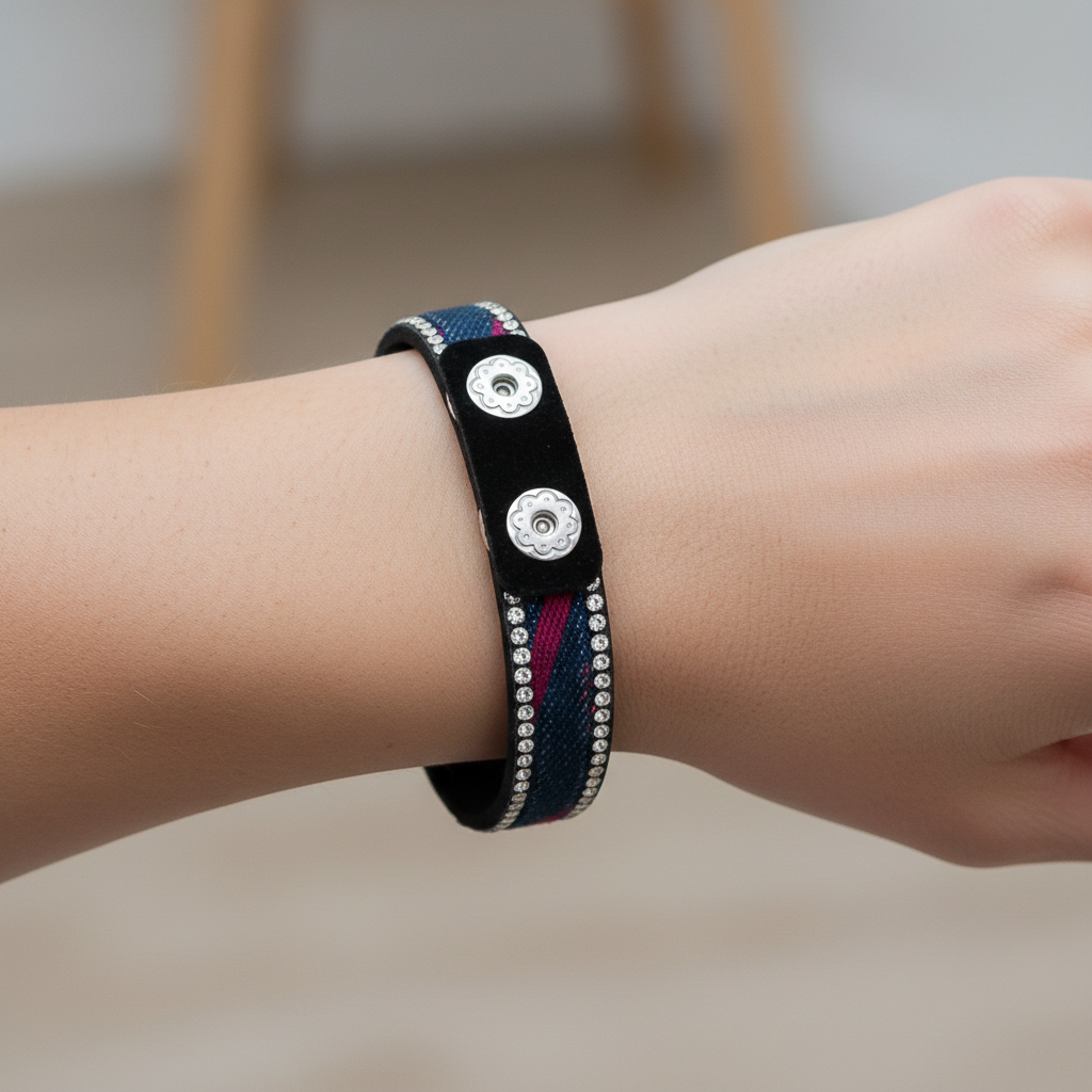 A black leather bracelet with silver-tone studs and a woven blue and red stripe detail, displayed on a light wood circular stand engraved with '6in'.