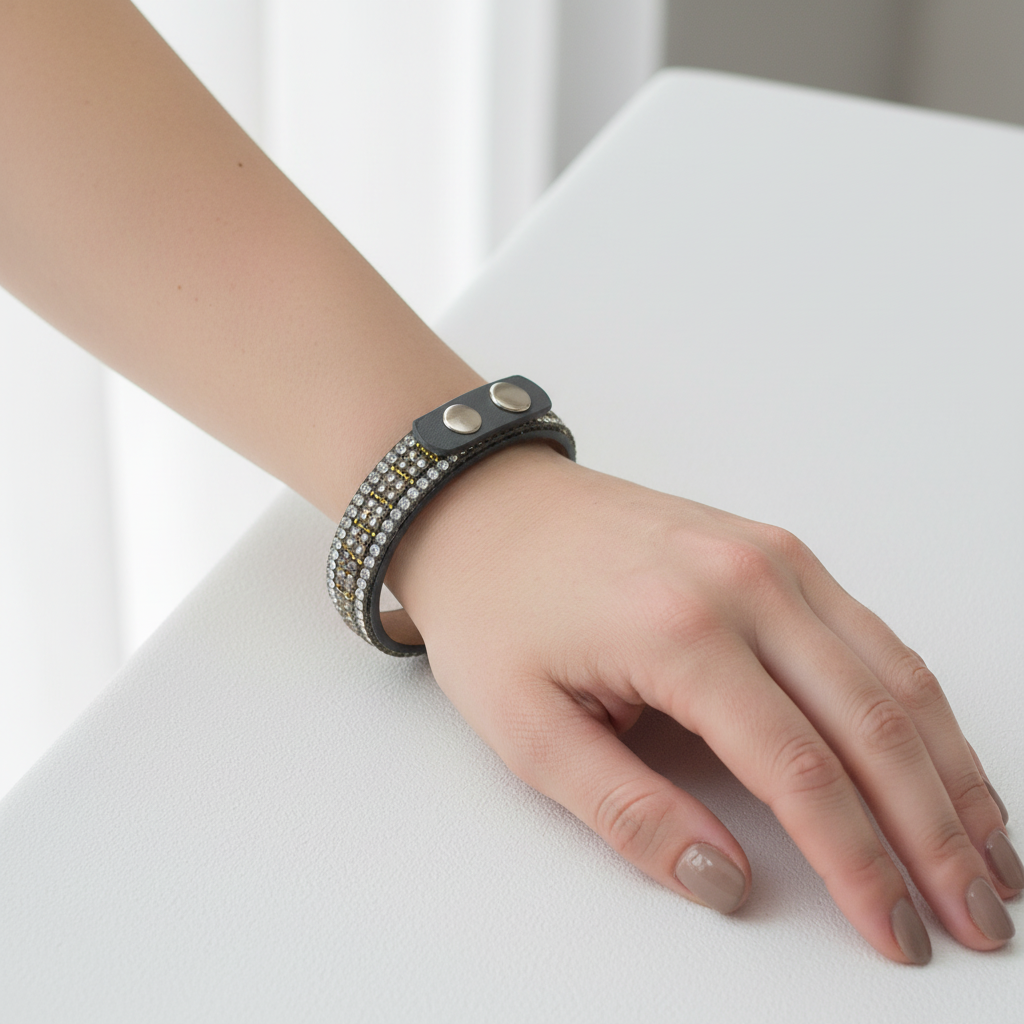 A dark gray leather cuff bracelet with a row of clear rhinestones on the front, displayed on a bamboo ring sizer stand marked 6in.
