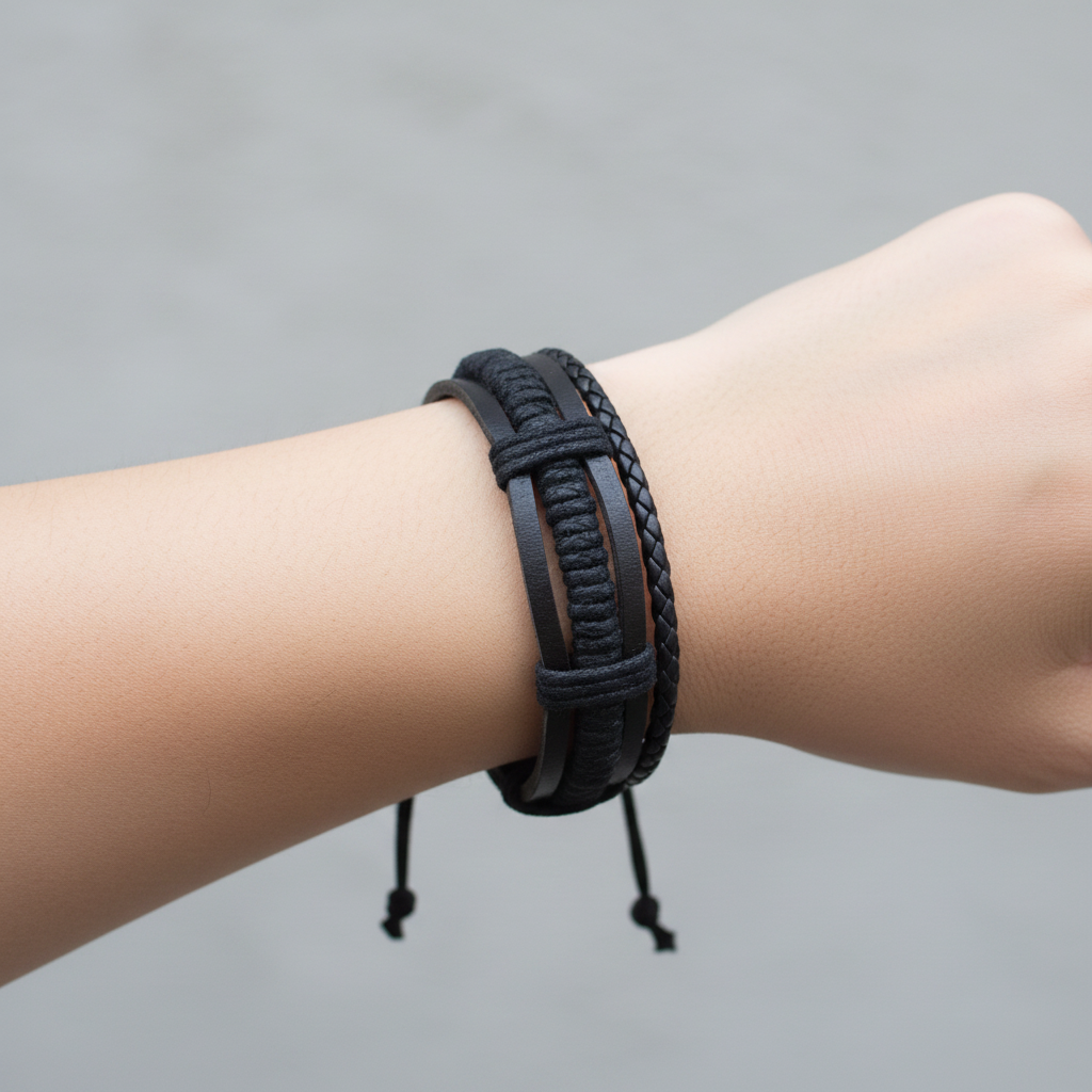 A black braided cord bracelet displayed on a light wood measuring block engraved with '7.5in' to show its size.