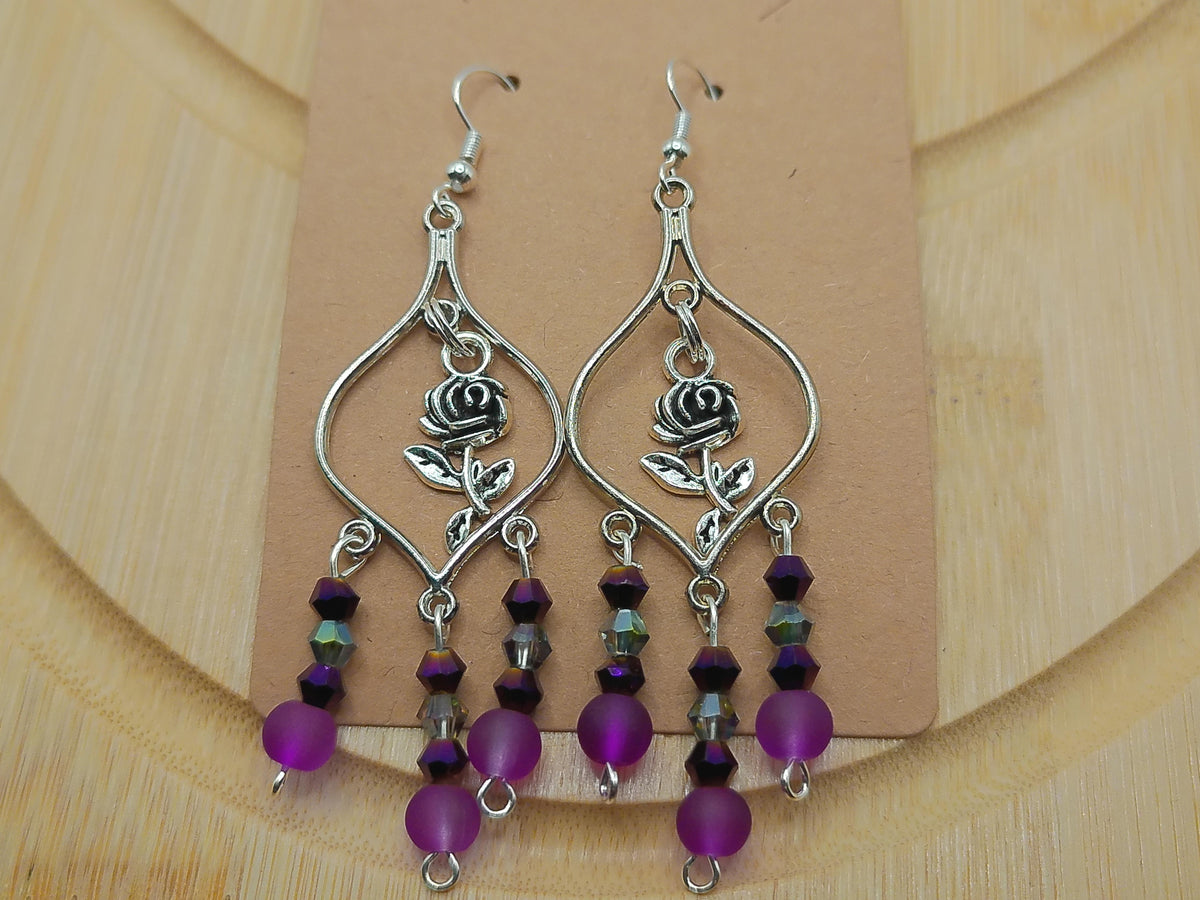 Silver Roses Earrings with Purple and Silver – product view 2 by LV Homemade
