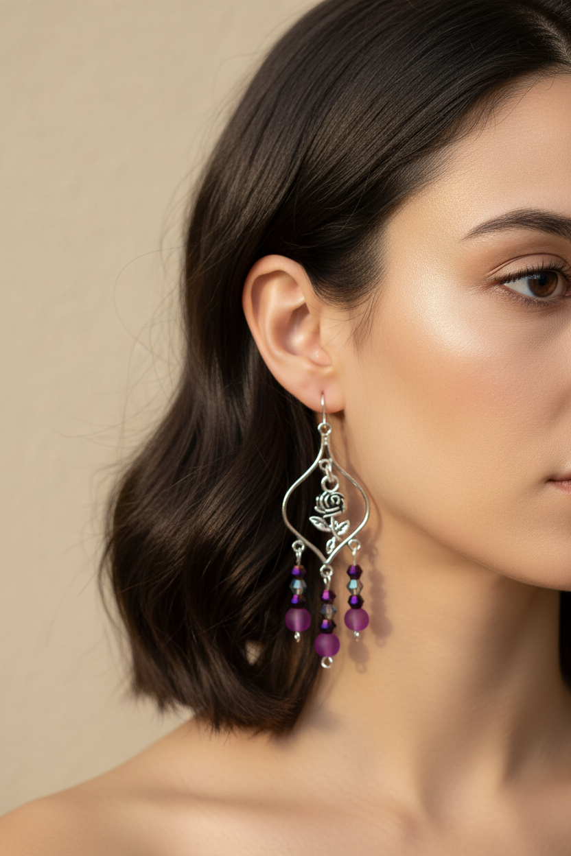 A pair of silver-toned dangle earrings with rose motifs and purple beads, displayed on a tan card over a light wood surface.