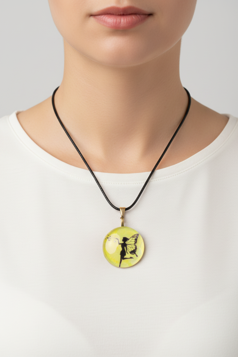 A round yellow pendant necklace featuring a black fairy silhouette, hanging from a black cord on a black display bust.