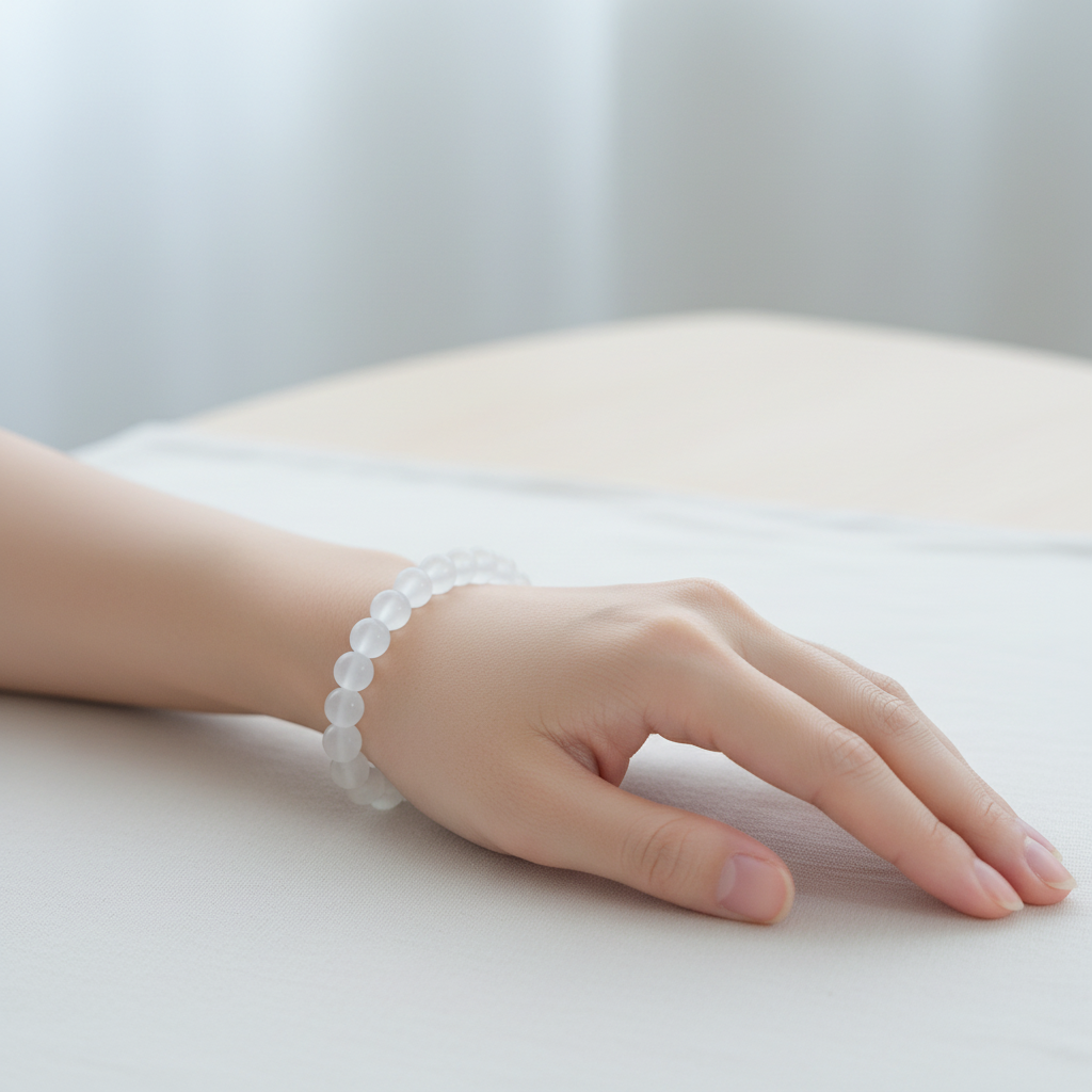 A translucent white beaded bracelet displayed on a wooden ring stand marked 6 inches, showing its circular shape and scale.