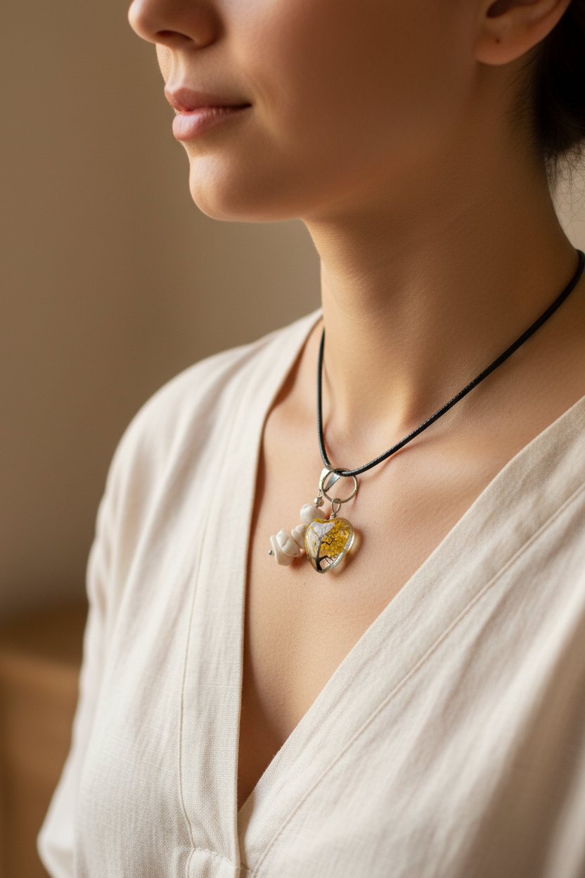 A close-up of a pendant necklace featuring a heart-shaped clear resin charm filled with yellow flower petals and a small tree, alongside four white shell beads on a black cord, set against a black background.