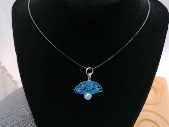 Blue Fan Necklace with White Bead – product view 2 by LV Homemade