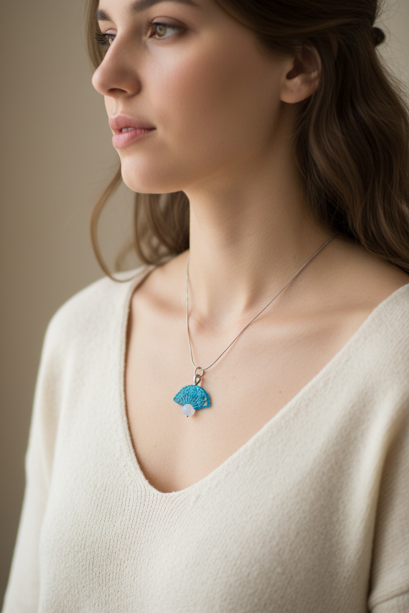 A delicate silver chain necklace with a small blue iridescent fan-shaped pendant and a white pearl drop, displayed on a black jewelry bust.