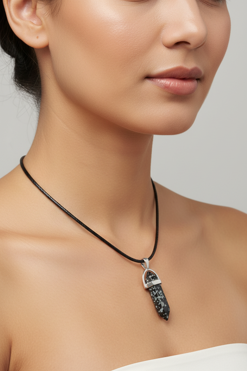 A silver pendant necklace featuring a clear crystal point with prominent white inclusions, suspended against a solid black background.