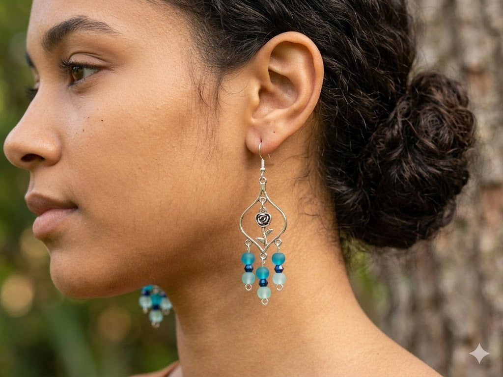 Frosted Sapphire Rose Chandelier Earrings – product view 1 by LV Homemade