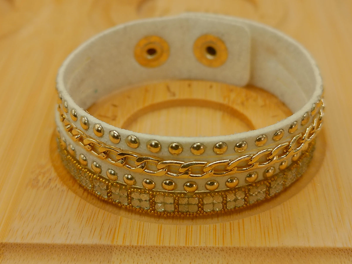 White Leather Bracelet with Chain and Sparkling Accent – product view 2 by LV Homemade