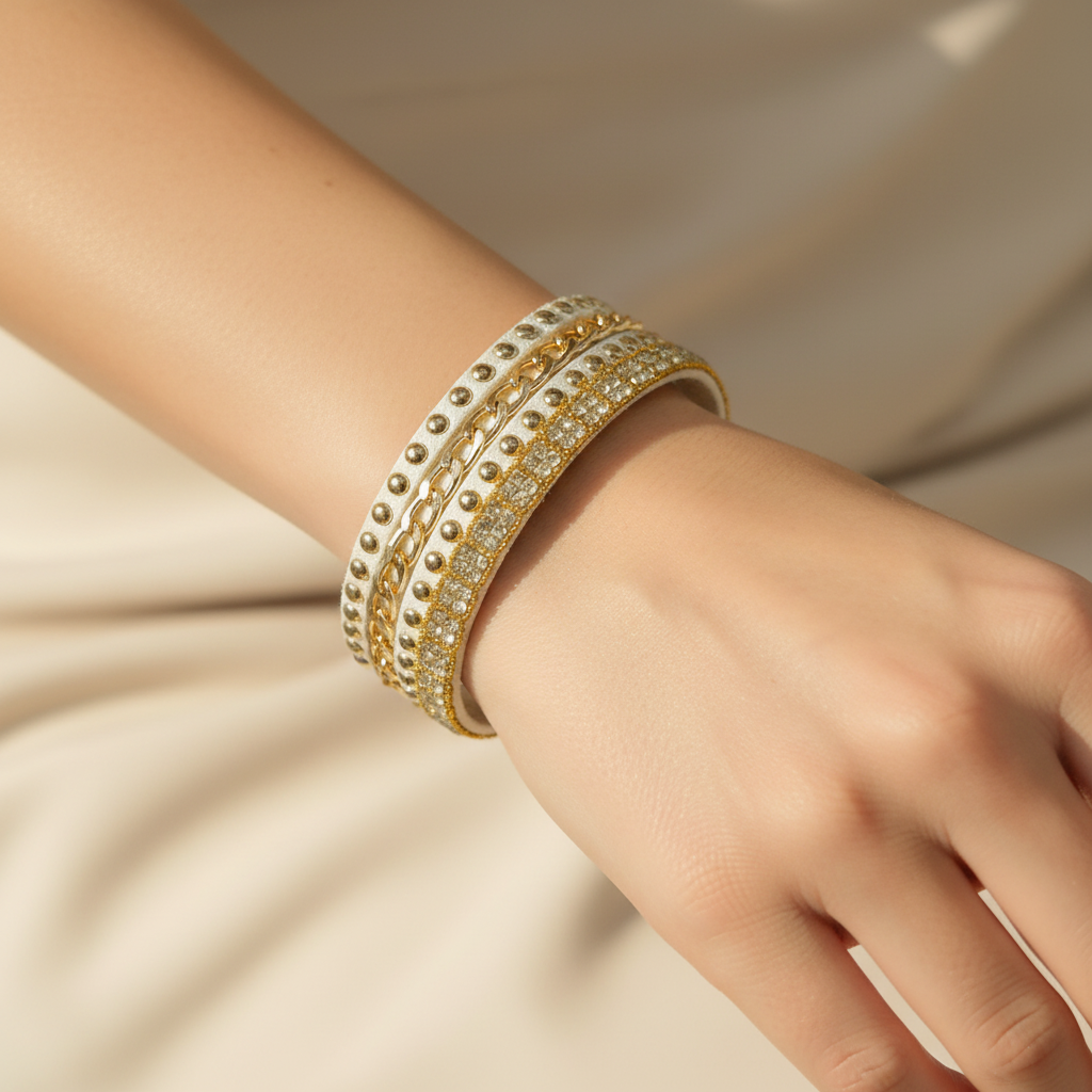 A wide cream-colored leather cuff bracelet decorated with gold-tone chain, studs, and rhinestone trim, displayed on a light wood background.
