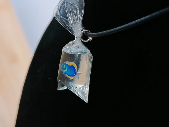 Blue Fish in a Bag Necklace – product view 3 by LV Homemade