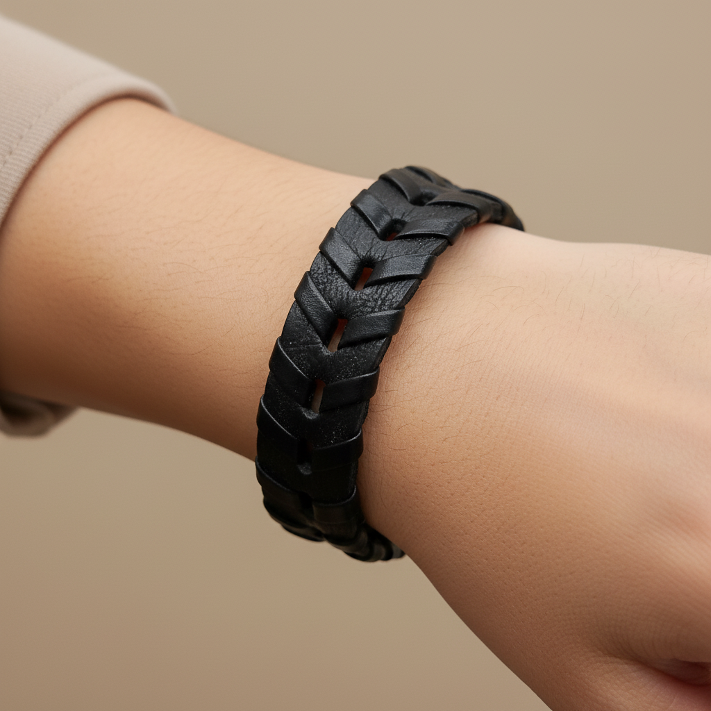 A black braided leather bracelet with cutout details, resting on a light-colored wooden surface.