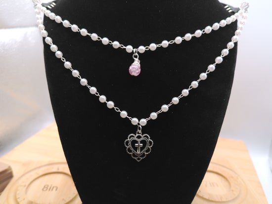 Cross Heart Pendant with Pink Bead