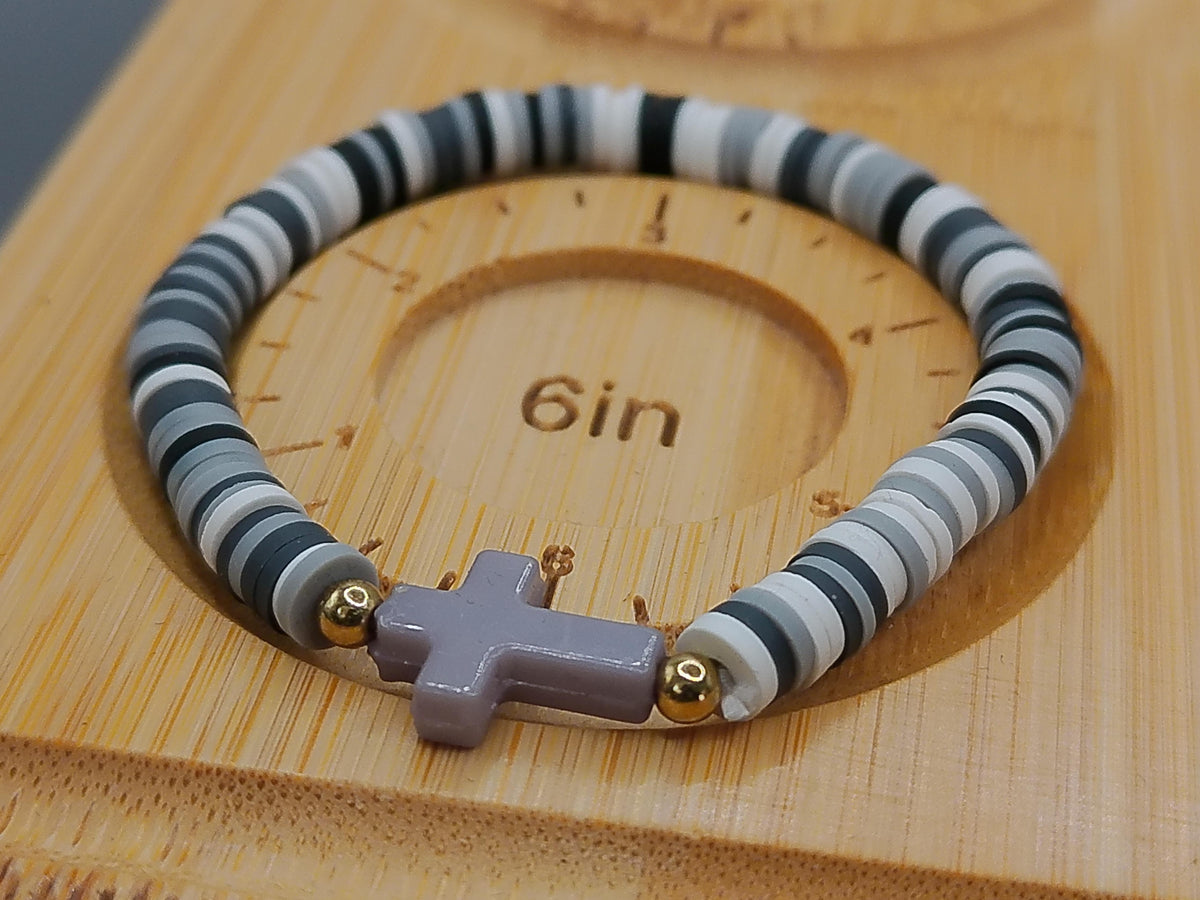 Purple Cross Bracelet with Black Grey White Clay – product view 2 by LV Homemade