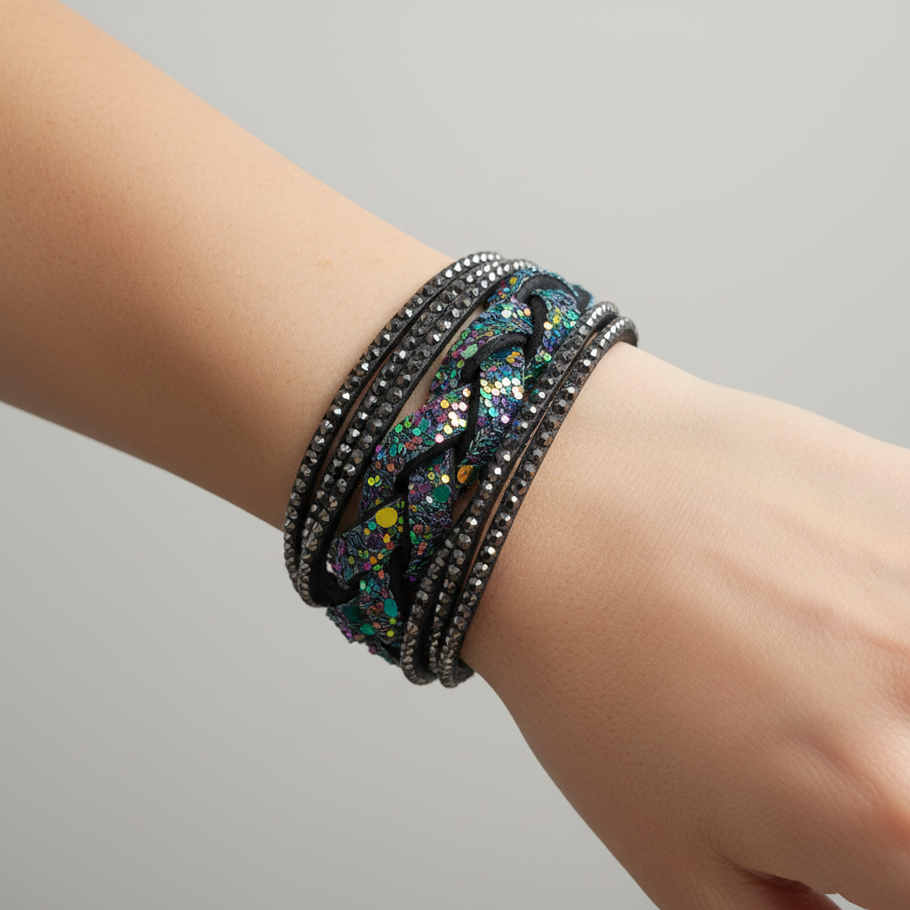 A stack of black wrap bracelets, including one with silver rhinestone bands and one with a colorful sequin pattern, displayed on a light wood surface.