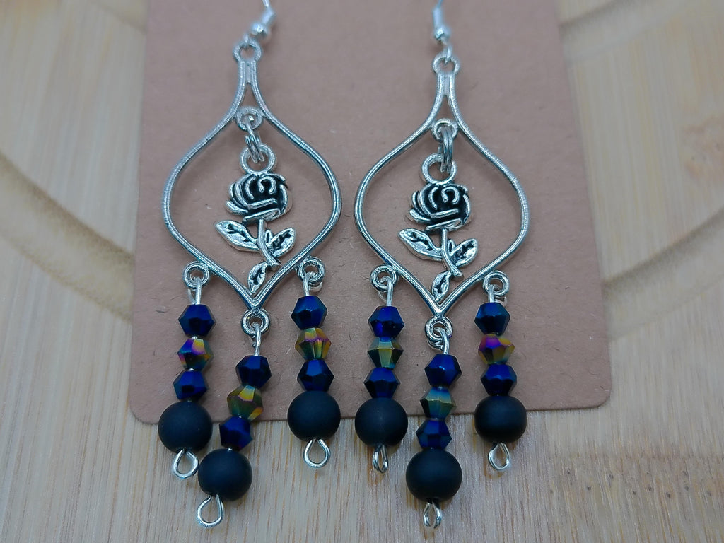 Silver Roses Earrings with Black and Blue – product view 2 by LV Homemade