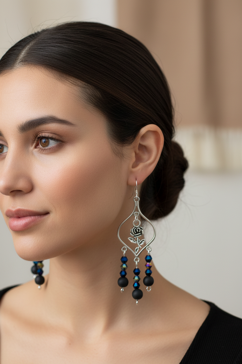 A pair of silver-toned dangle earrings with rose charms and dark blue and black beads, displayed on a tan card over a light wood background.