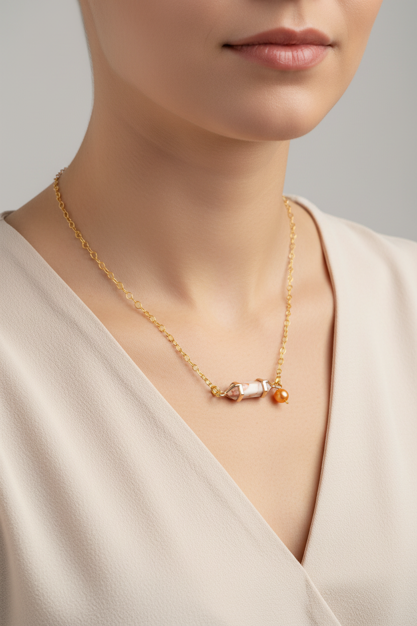 A gold chain necklace displayed on a black velvet jewelry bust, featuring a central horizontal bar with a white and pink marbled stone segment, gold end caps, and a small dangling orange bead.