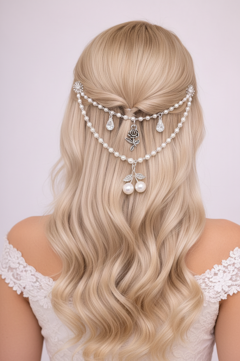 A silver-toned double-strand pearl hair chain headpiece with a rose and cherry charms, styled on a model with long, wavy dark brown hair.
