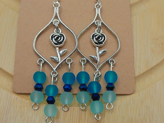 Frosted Sapphire Rose Chandelier Earrings
