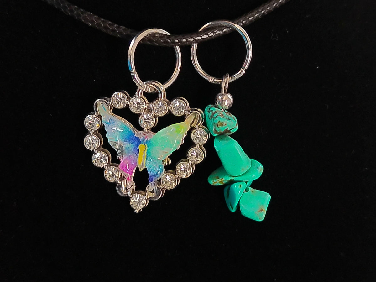 Turquoise Rocks Pendent Cluster with Rainbow Butterfly Heart – product view 2 by LV Homemade