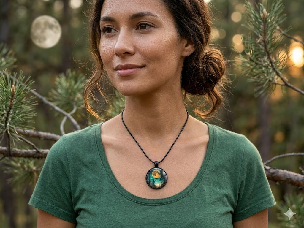 A woman wearing a green t-shirt and a black cord necklace with a round pendant featuring a colorful illustration of a figure in a forest at dusk.