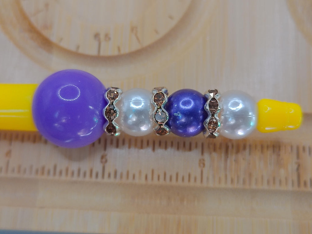 Yellow Pen with Purple and White Beads – product view 3 by LV Homemade