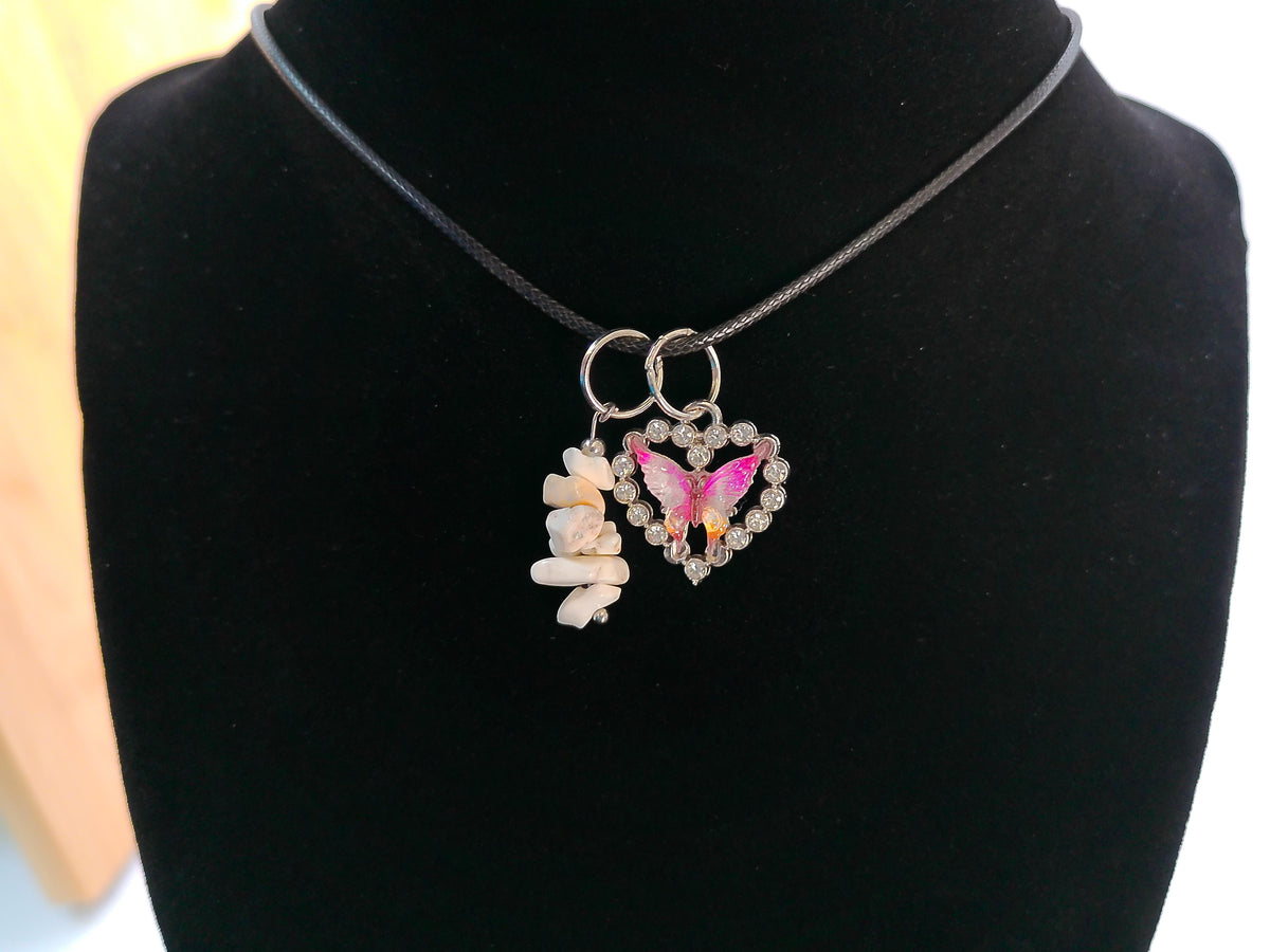 Necklace with White Rock and Pink and Yellow Butterfly Pendent – product view 2 by LV Homemade