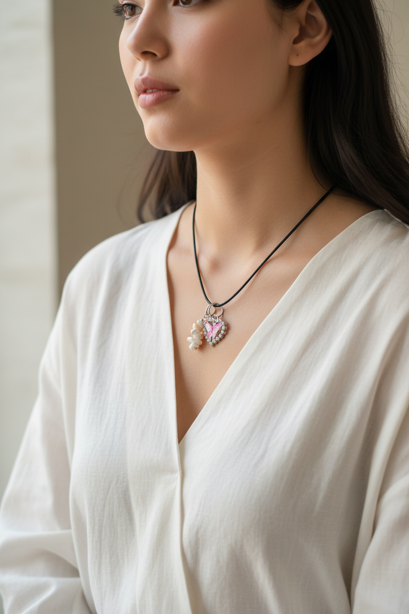 Necklace with White Rock and Pink and Yellow Butterfly Pendent – product view 1 by LV Homemade