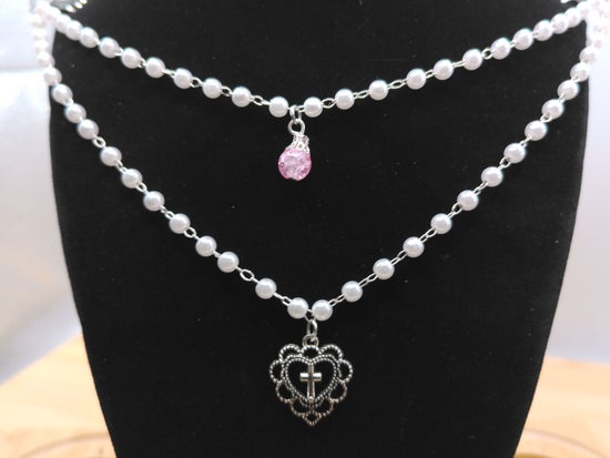 Cross Heart Pendant with Pink Bead