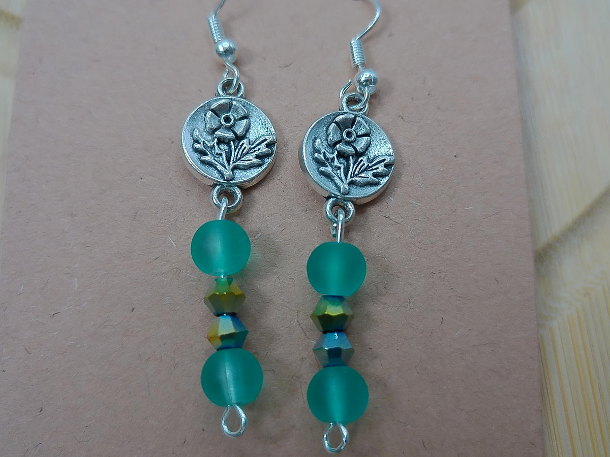 Silver Rose Earrings with Green Beads – product view 3 by LV Homemade