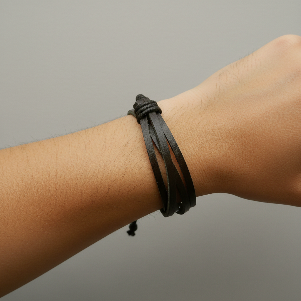 A dark olive green wrap bracelet coiled on a light wood block engraved with '6in'.