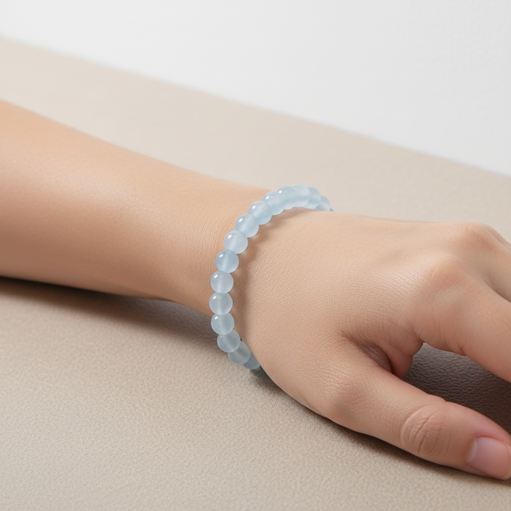 A light blue beaded bracelet made of round translucent beads, displayed on a wooden ring measuring 6 inches in diameter.