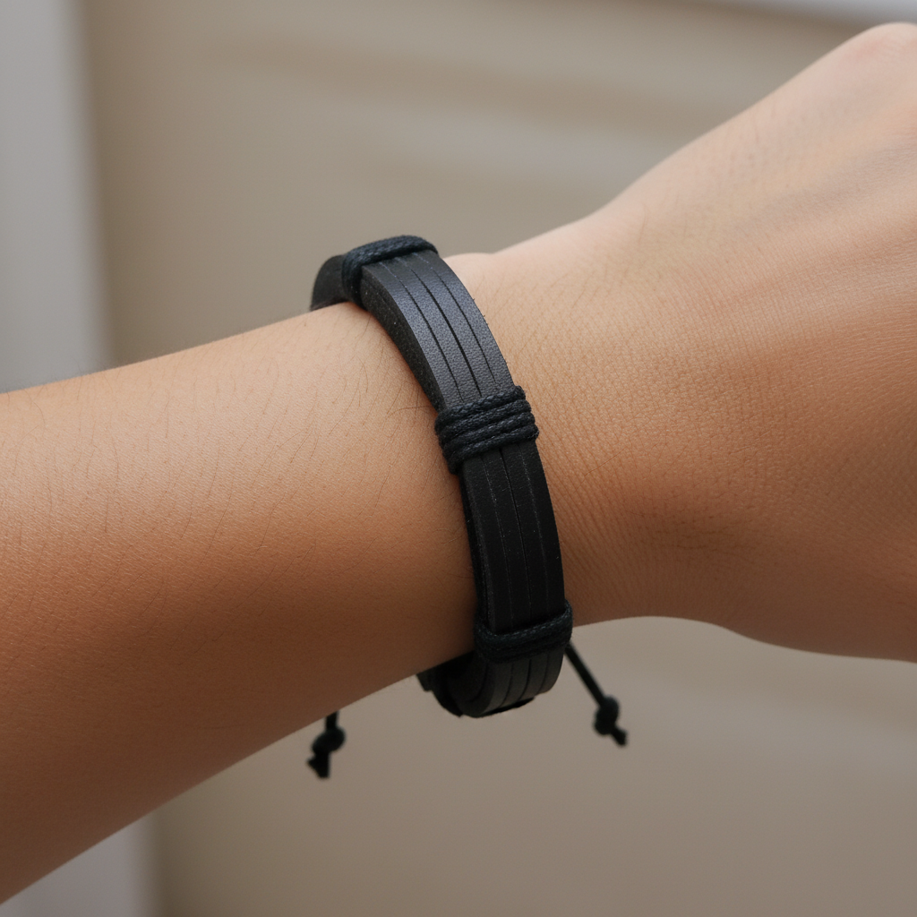 A black braided cord bracelet displayed on a light wood measuring block marked with '6.5in' to show its size.