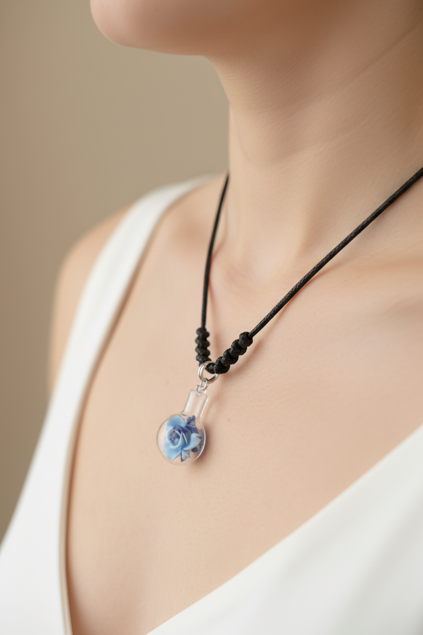 A close-up of a pendant necklace featuring a small blue rose inside a clear glass vial, hanging from a black braided cord on a black display bust.